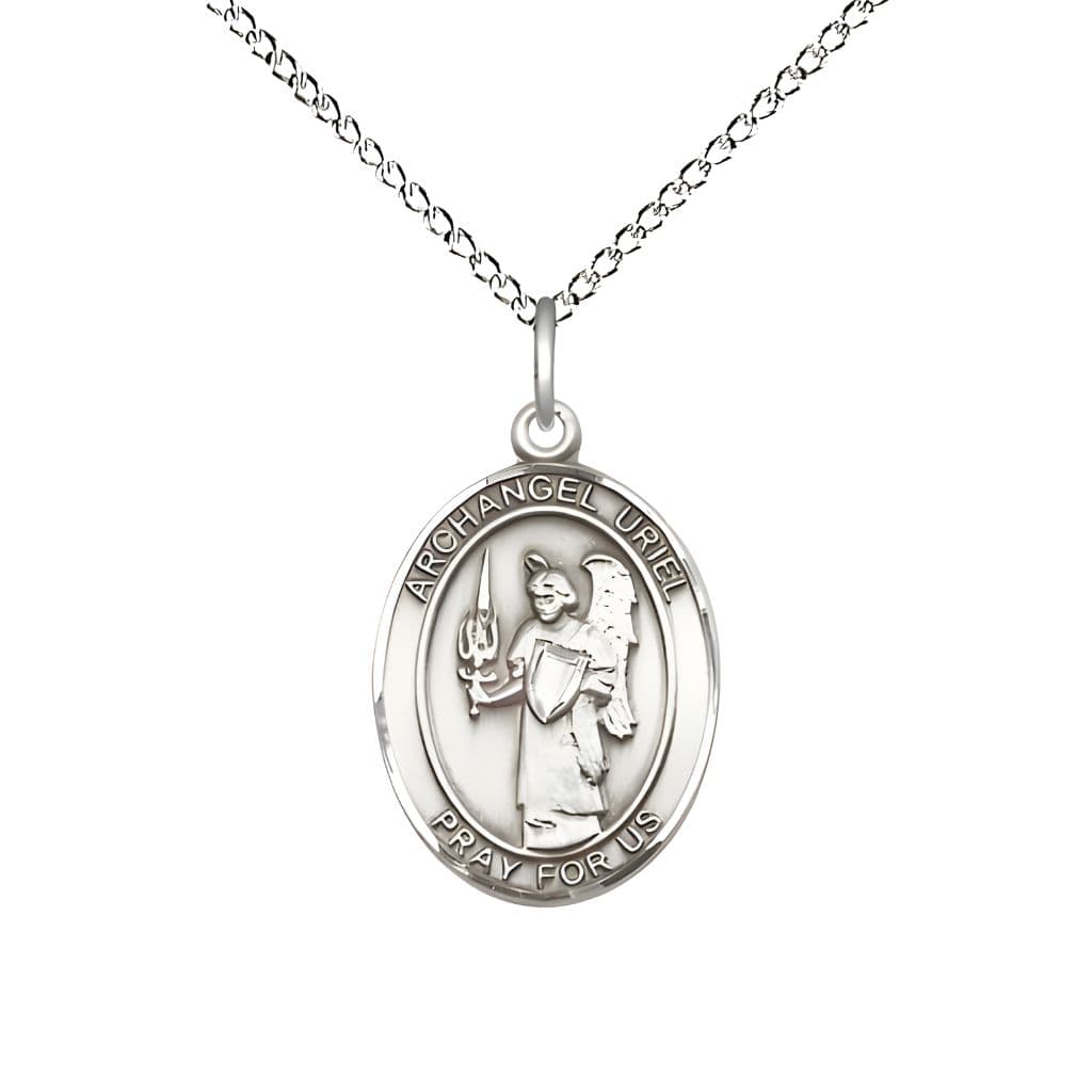 Bliss St. Uriel the Archangel Sterling Silver Oval Medal Pendant with Sterling Silver Chain, Measures 3/4-inch tall by 1/2-inch wide.