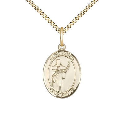 St. Aidan of Lindesfarne 14kt Gold-filled Oval Medal Pendant with Gold-plated Chain, Measures 3/4-inch tall by 1/2-inch wide, Bliss Manufacturing