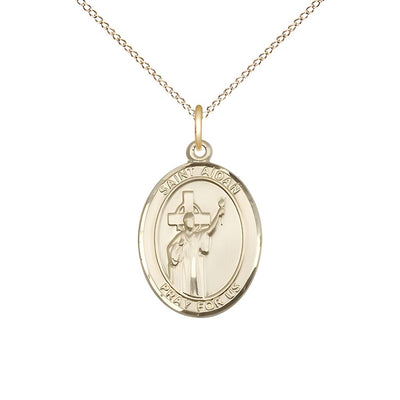 St. Aidan of Lindesfarne 14kt Gold Oval Medal Pendant with 14kt Gold Chain, Measures 3/4-inch tall by 1/2-inch wide, Bliss Manufacturing