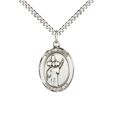 St. Aidan of Lindesfarne Sterling Silver Oval Medal Pendant with Rhodium-plated Chain, Measures 3/4-inch tall by 1/2-inch wide, Bliss Manufacturing