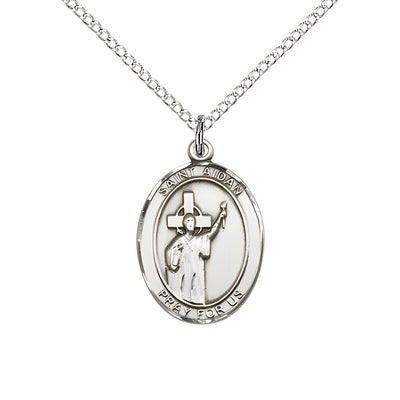 St. Aidan of Lindesfarne Sterling Silver Oval Medal Pendant with Sterling Silver Chain, Measures 3/4-inch tall by 1/2-inch wide, Bliss Manufacturing