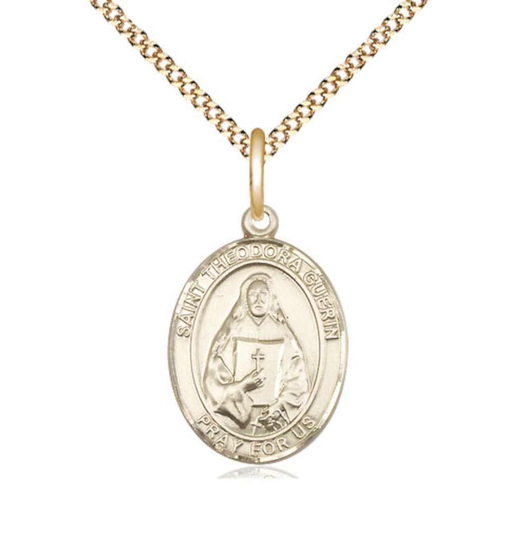 Bliss Medium 14Kt Gold Filled St. Theodora on a 18 inch Gold Plate Light Curb Chain,