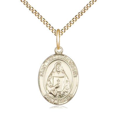 Medium 14Kt Gold Filled St. Theodora on a 18 inch Gold Plate Light Curb Chain, Bliss Manufacturing