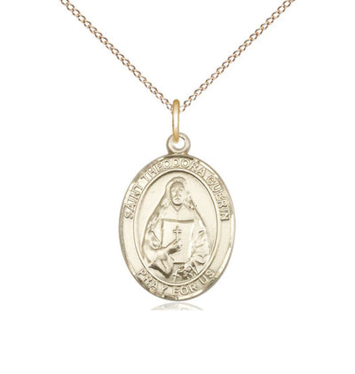 Medium 14kt Gold St Theodora Pendant on a 18 inch 14kt Gold Light Curb Chain, Bliss Manufacturing
