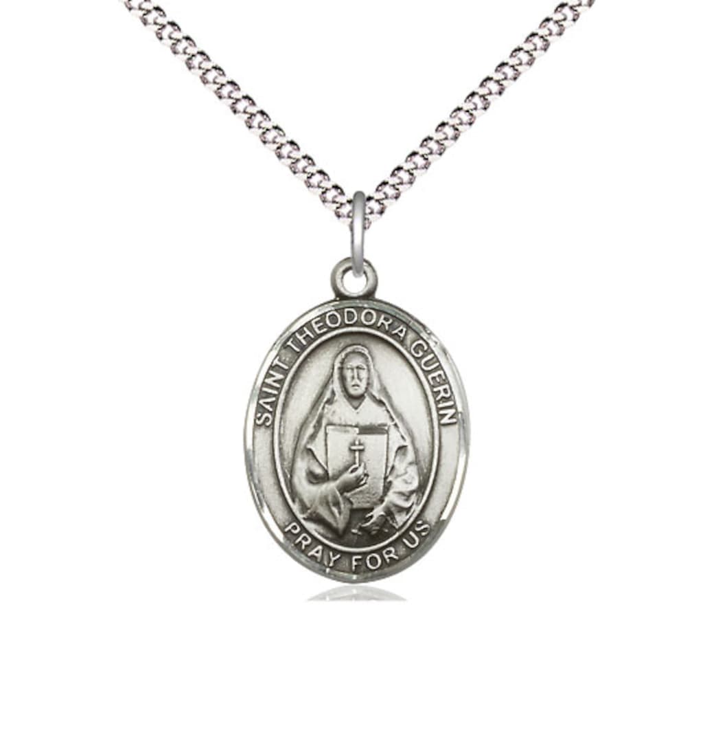 Bliss Medium Pewter St Theodora Pendant on a 18 inch Light Rhodium-plated Light Curb Chain,