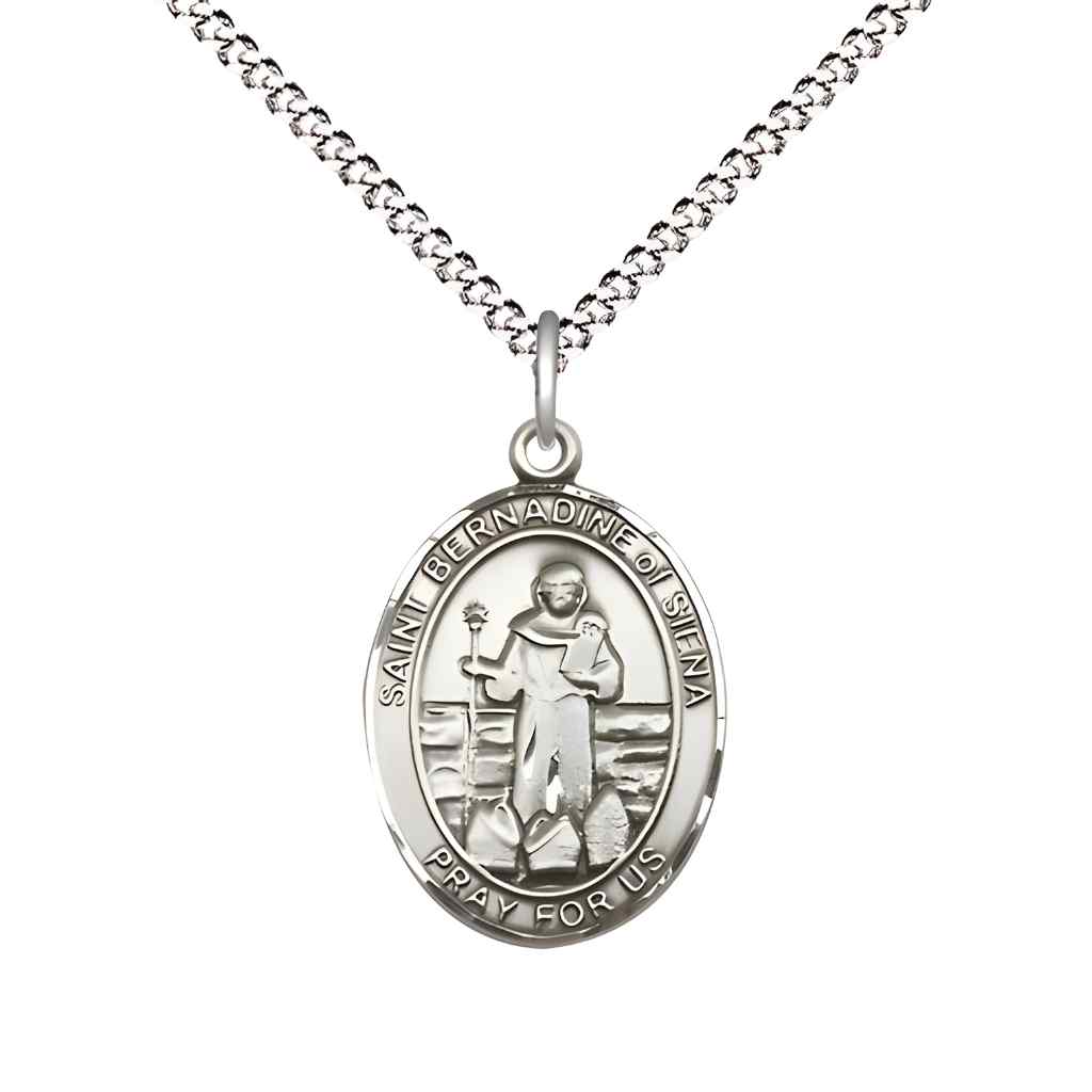 Medium Saint Bernadine of Sienna Pewter Oval Medal Pendant with 18" Rhodium-plated Curb Chain in Deluxe Gift Box | Bliss Manufacturing
