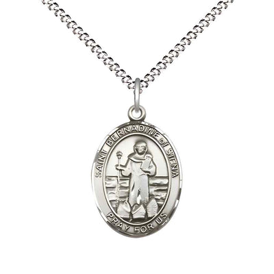 Medium Saint Bernadine of Sienna Pewter Oval Medal Pendant with 18" Rhodium-plated Curb Chain in Deluxe Gift Box | Bliss Manufacturing