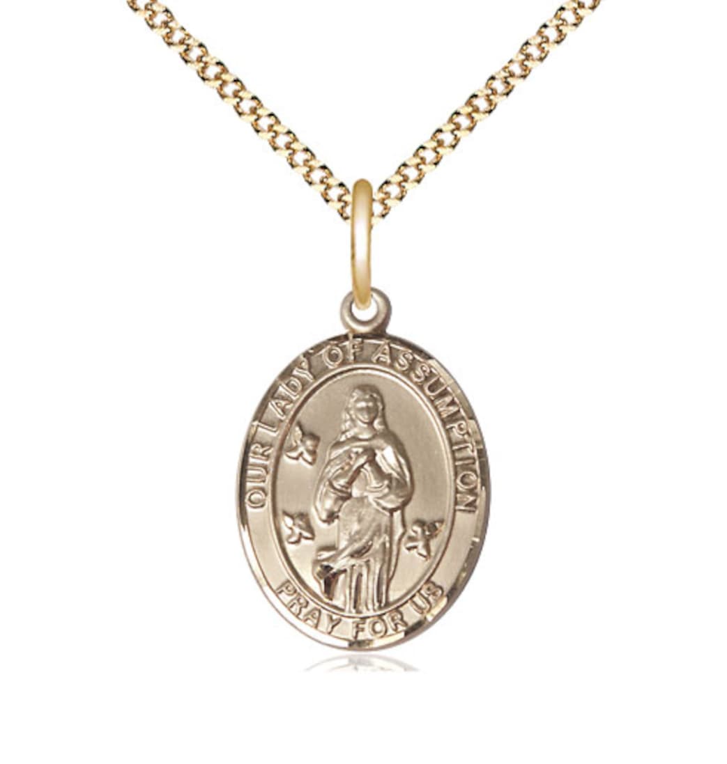 Bliss Our Lady of Assumption Gold-filled Medium Oval Engravable Medal Necklace with Plated Chain,