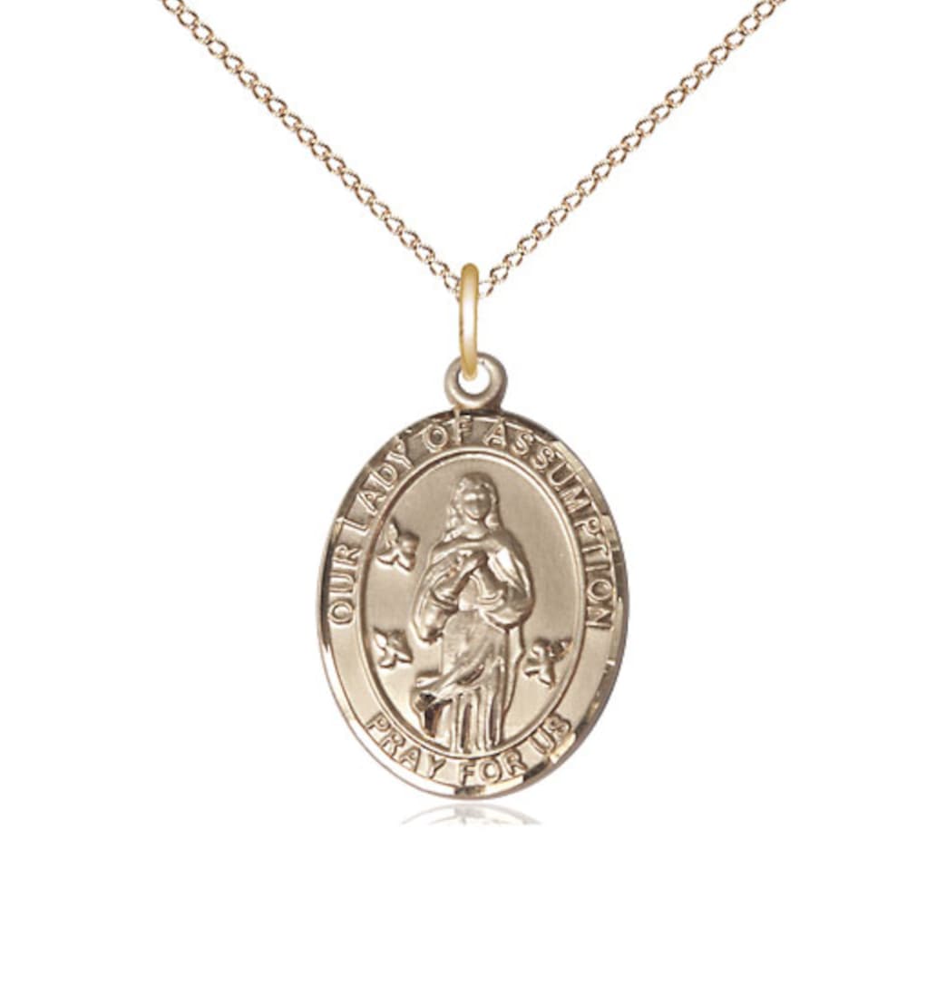 Bliss Our Lady of Assumption 14kt Gold Engravable MediumOval Medal 14kt Gold Chain,