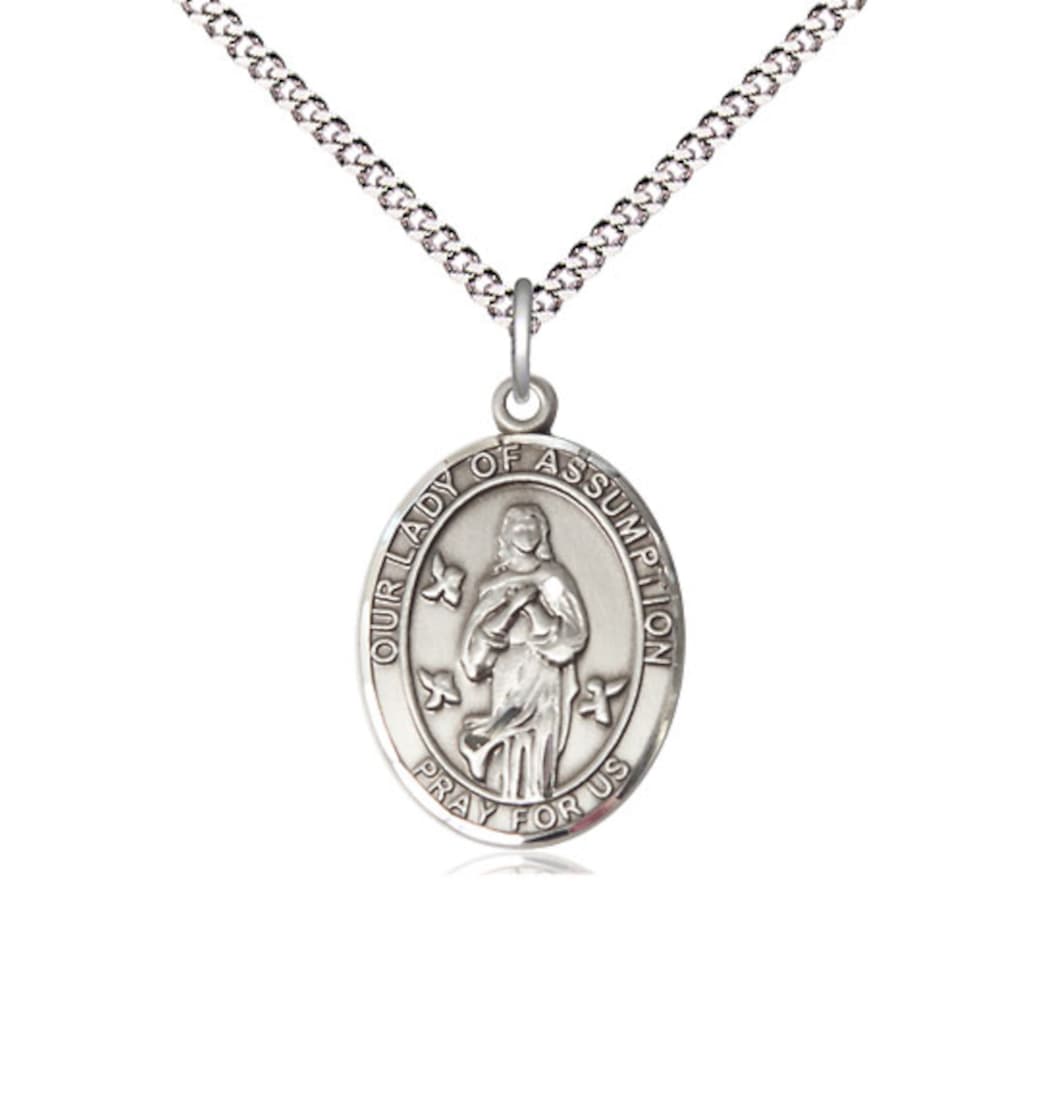 Bliss Our Lady of Assumption Pewter Oval Engravable Medium Medal Necklace