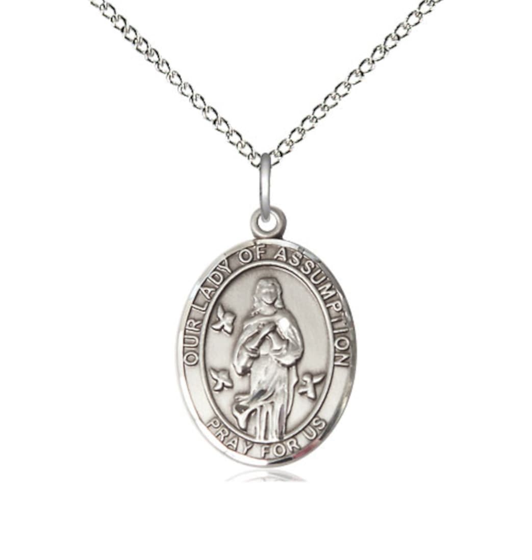 Bliss Our Lady of Assumption Sterling Silver Oval Engravable Medium Medal Necklace with Sterling Chain,