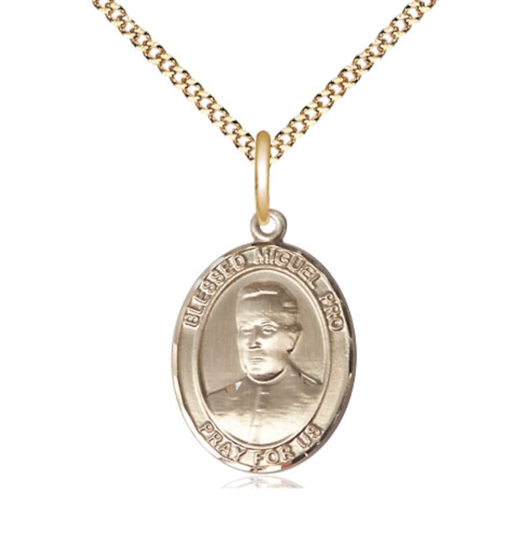 Bliss 14kt Gold Filled Blessed Miguel Pro Pendant on a 18 inch Gold Plate Light Curb Chain,