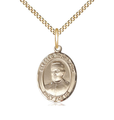 14kt Gold Filled Blessed Miguel Pro Pendant on a 18 inch Gold Plate Light Curb Chain, Bliss Manufacturing