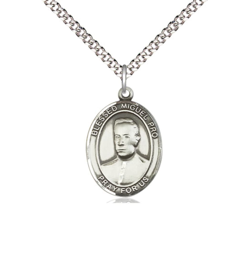 Bliss Medium Sterling Silver Blessed Miguel Pro Pendant on a 18 inch Light Rhodium Light Curb Chain.,