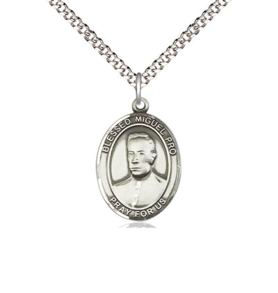 Medium Sterling Silver Blessed Miguel Pro Pendant on a 18 inch Light Rhodium Light Curb Chain, Bliss Manufacturing