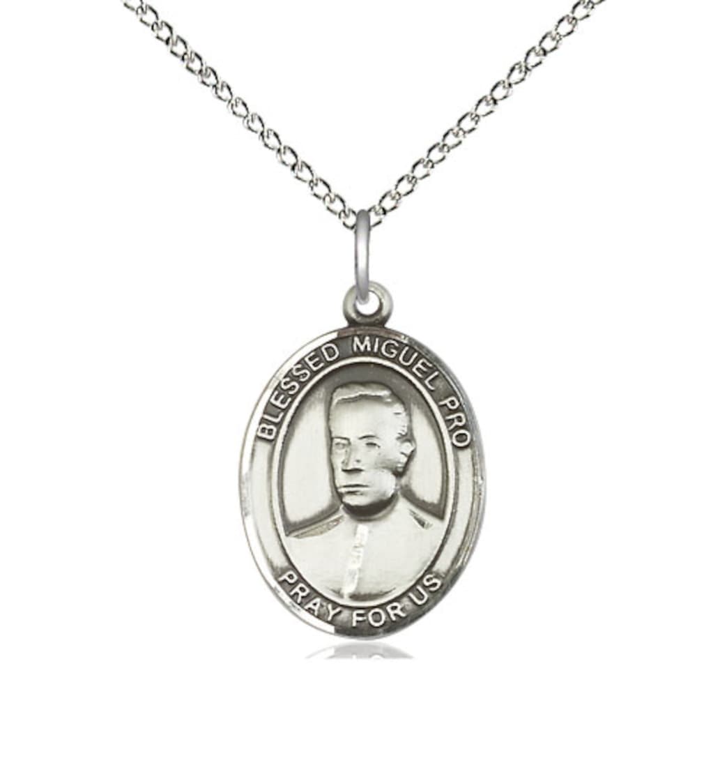 Bliss Medium Sterling Silver Blessed Miguel Pro Pendant on a 18 inch Sterling Silver Light Curb Chain,