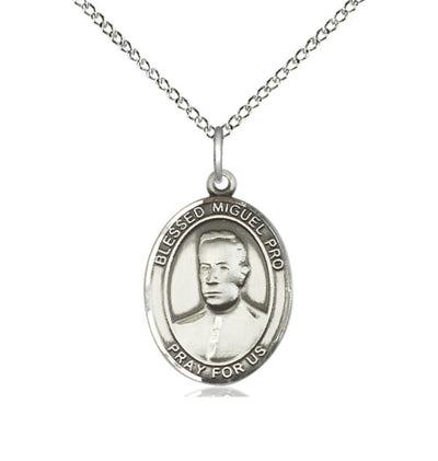 Medium Sterling Silver Blessed Miguel Pro Pendant on a 18 inch Sterling Silver Light Curb Chain, Bliss Manufacturing