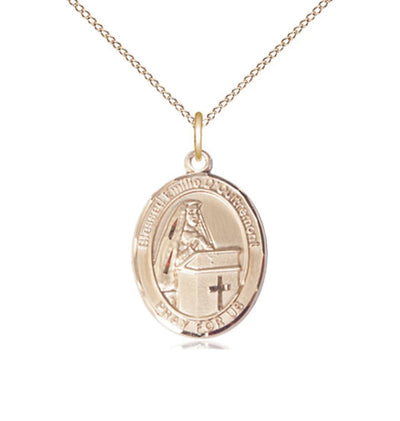 14kt Gold Filled Blessed Emilee Doultremont Pendant on a 18 inch Gold Filled Light Curb Chain, Bliss Manufacturing
