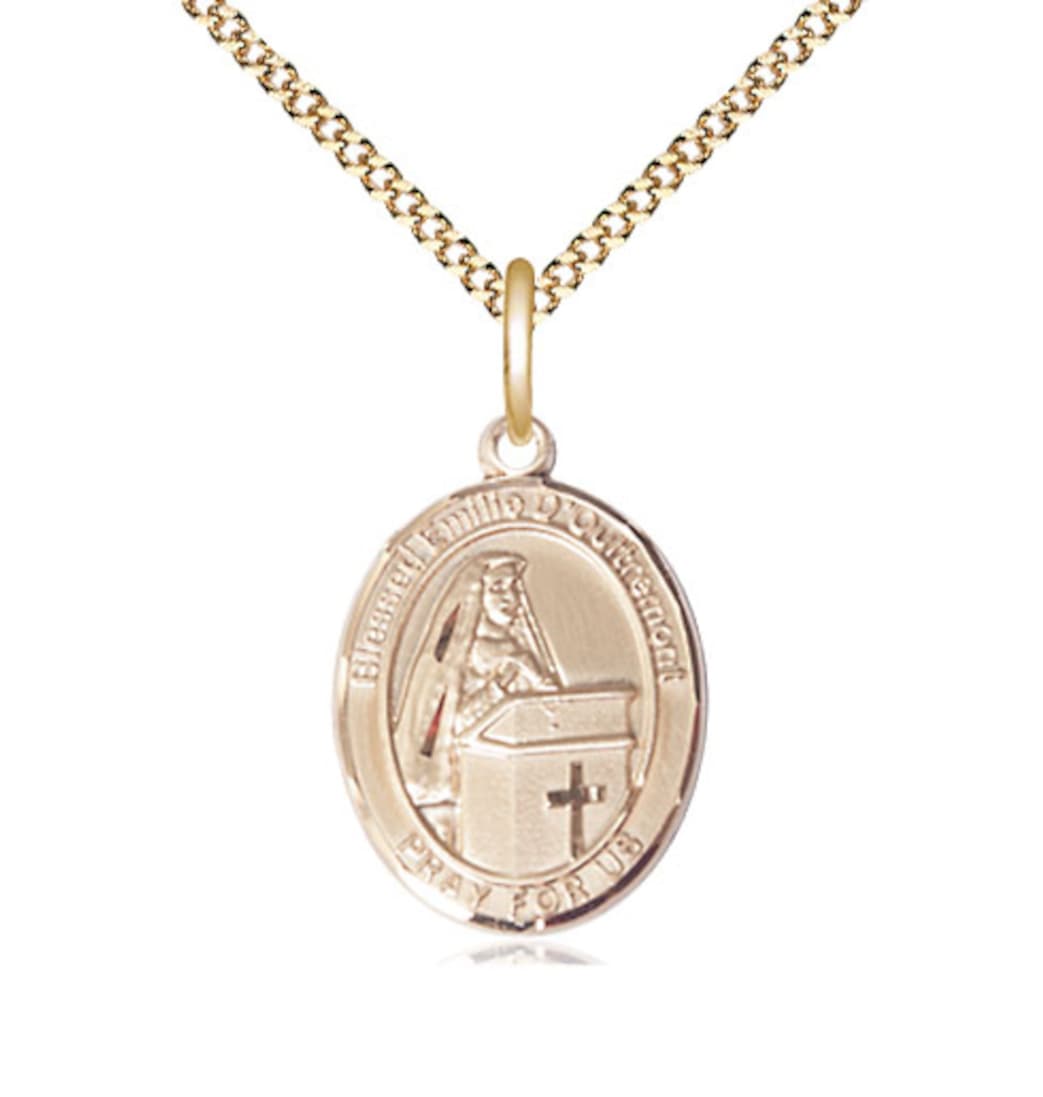 Bliss Medium 14kt Gold Filled Blessed Emilee Doultremont Pendant on a 18 inch Gold Plate Light Curb Chain,