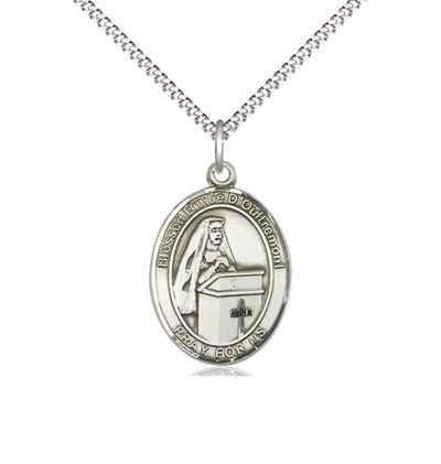 Medium Pewter Blessed Emilee Doultremont Pendant on a 18 inch Light Rhodium Light Curb Chain, Bliss Manufacturing