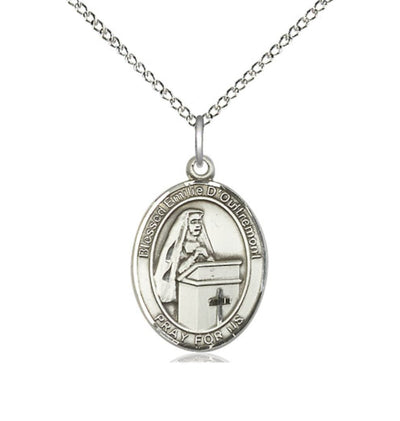 Medium Sterling Silver Blessed Emilee Doultremont Pendant on a 18 inch Sterling Silver Light Curb Chain, Bliss Manufacturing