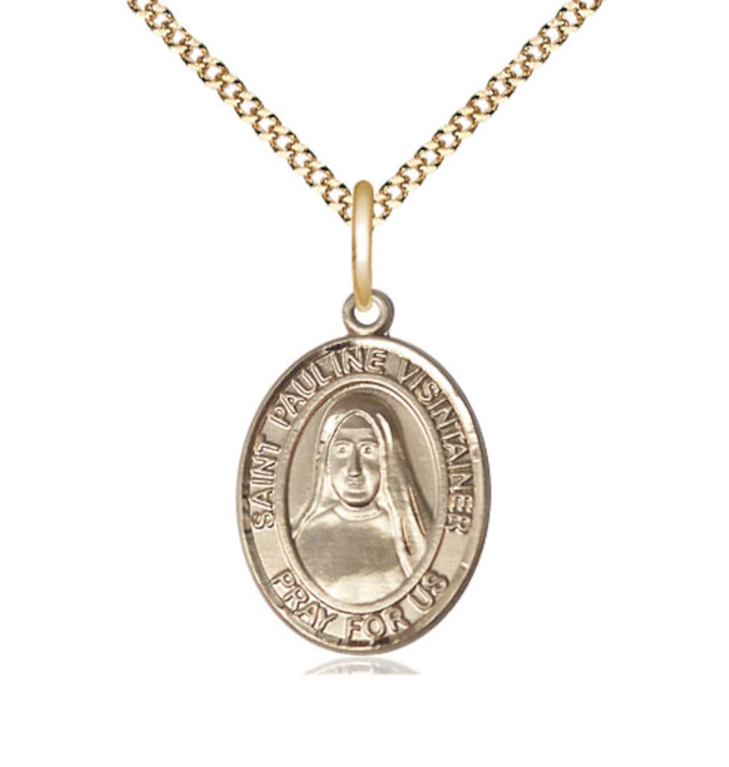 Bliss Manufacturing 14kt Gold Filled St Pauline Visintainer Pendant on a 18 inch Gold Plate Light Curb Chain,