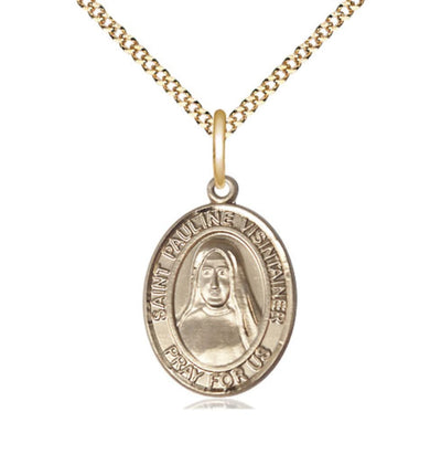 14kt Gold Filled St Pauline Visintainer Pendant on a 18 inch Gold Plate Light Curb Chain, Bliss Manufacturing