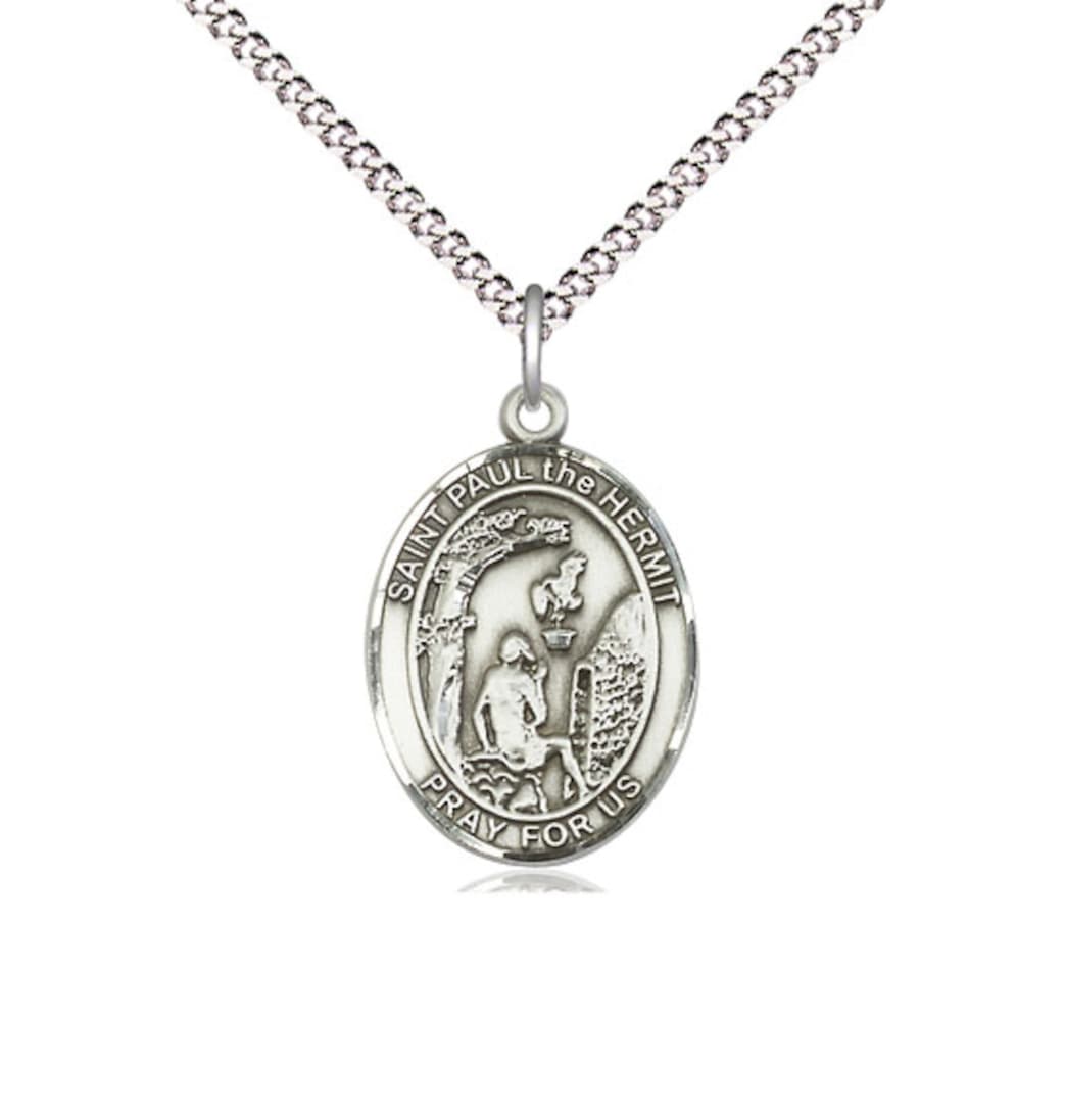 Bliss Medium St Paul the Hermit Pewter Oval Engravable Medal Necklace with Chain,