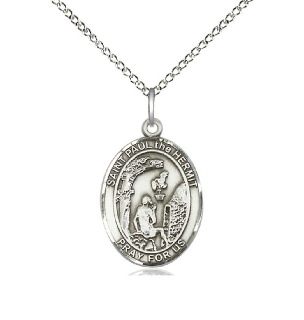 Bliss St Paul the Hermit Sterling Silver Oval Medium Medal Necklace w/Sterling Silver Chain,