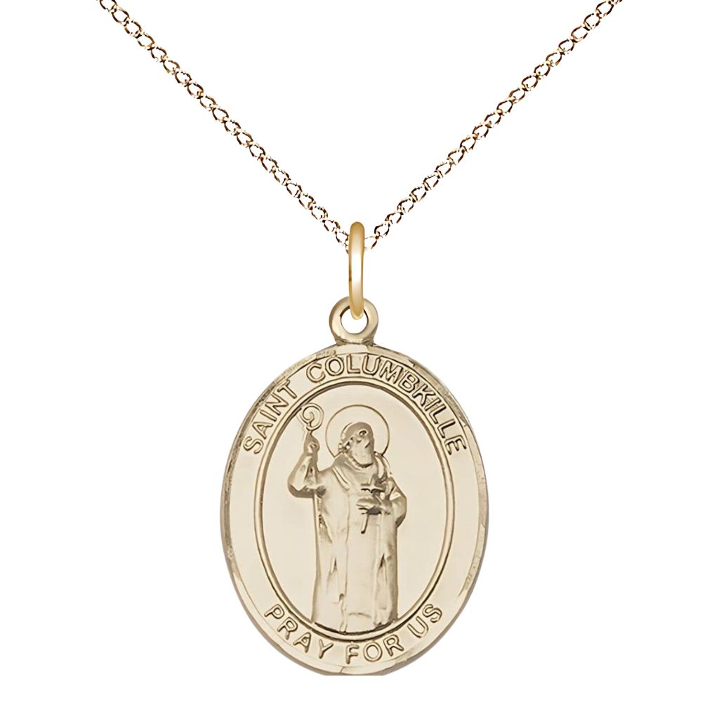 St. Columbkille Gold-filled Oval Engravable Medal Necklace with Gold-filled Chain, 3/4-inch, Bliss Manufacturing