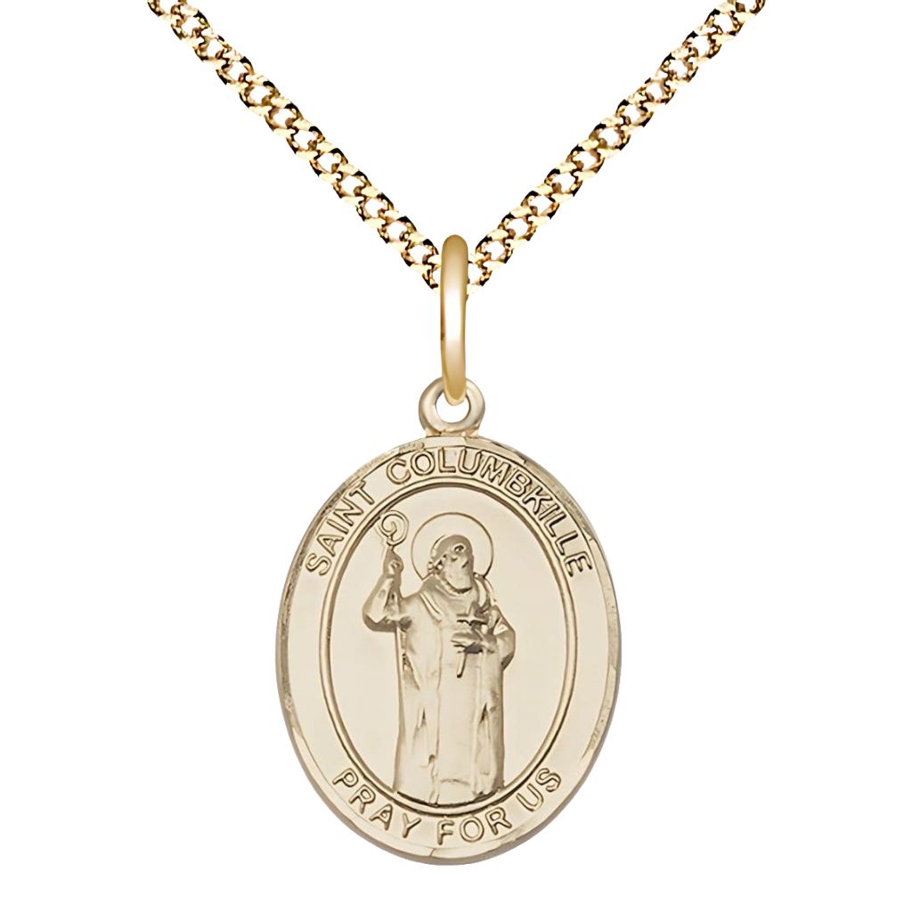 St. Columbkille Gold-filled Oval Engravable Medal Necklace with Gold-plated Chain, 3/4-inch,