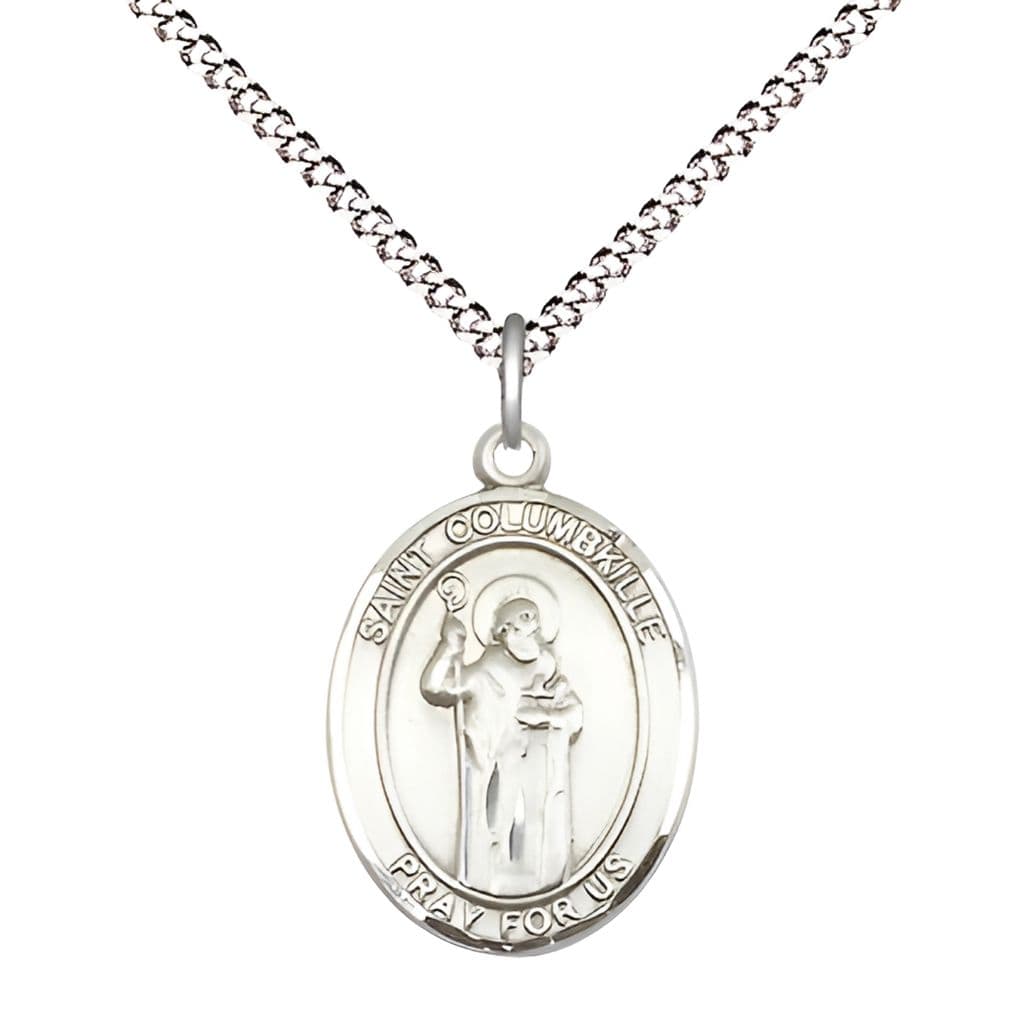 St. Columbkille Pewter Oval Engravable Medal Necklace with Chain, 3/4-inch,