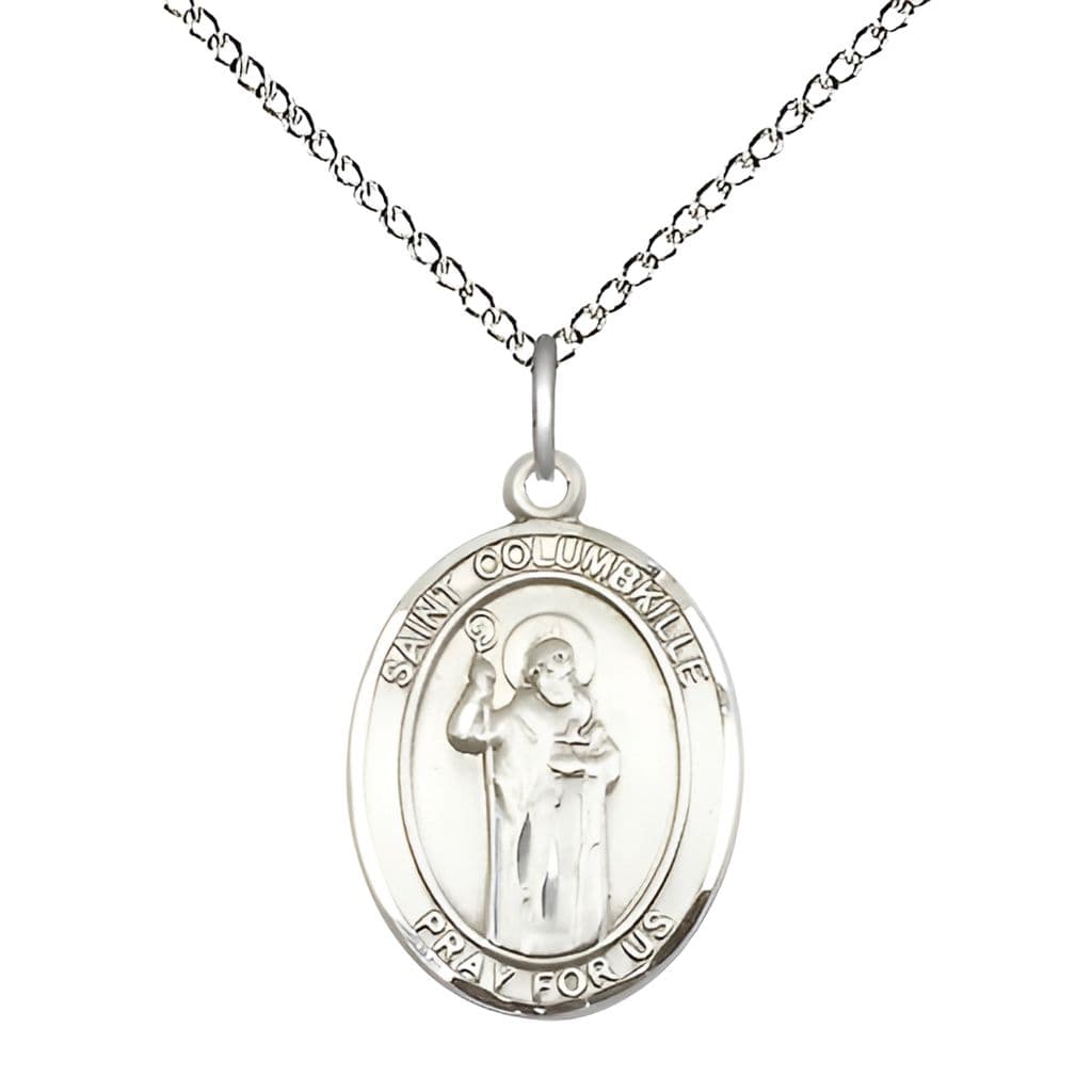 St. Columbkille Sterling Silver Oval Engravable Medal Necklace with Sterling Silver Chain, 3/4-inch,