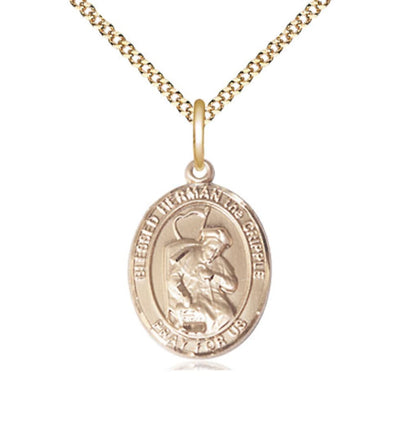 14kt Gold Filled Blessed Herman the Cripple Pendant on a Gold Plate Light Curb Chain, Bliss Manufacturing