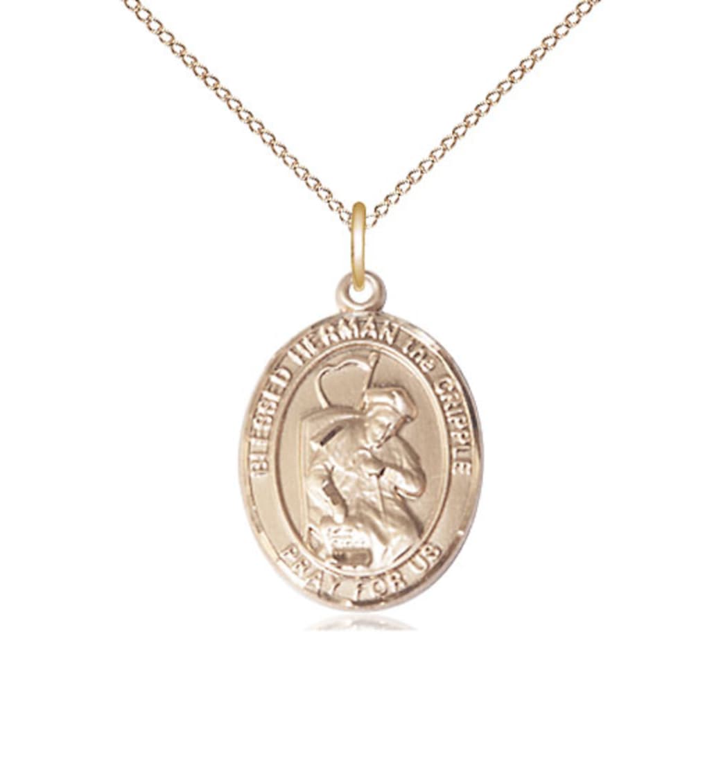 Bliss Medium 14kt Gold Filled Blessed Herman the Cripple Pendant on a Gold Filled Light Curb Chain,