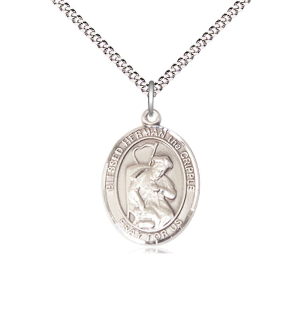 Bliss Medium Sterling Silver Blessed Herman the Cripple Pendant on a 18 inch Light Rhodium Light Curb Chain,