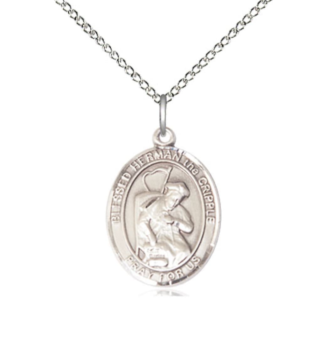 Bliss Medium Sterling Silver Blessed Herman the Cripple Pendant on a 18 inch Sterling Silver Light Curb Chain,