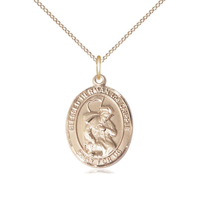 Medium 14kt Gold Blessed Herman the Cripple Pendant on a Gold Filled Light Curb Chain, Bliss Manufacturing
