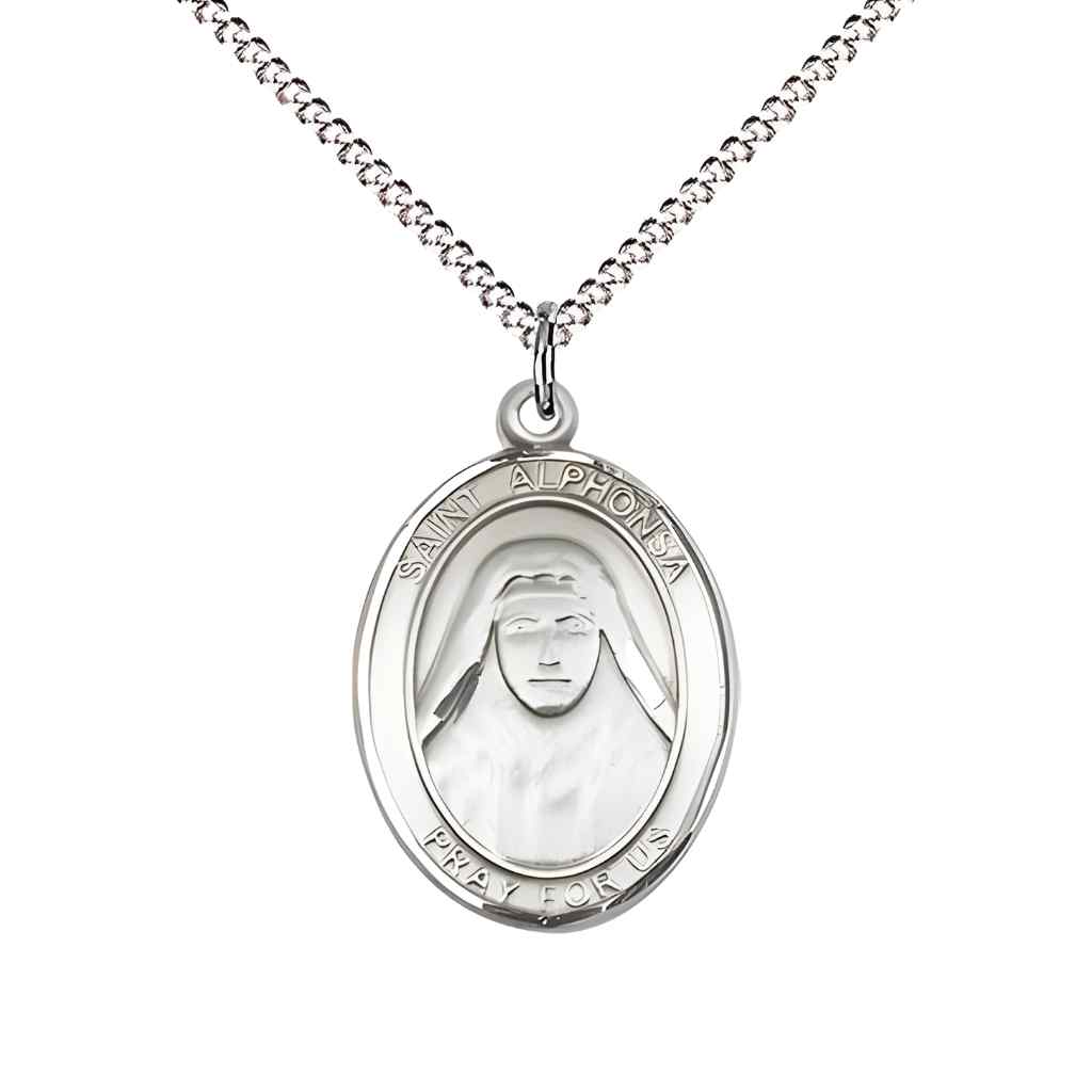 Medium Saint Alphonsa of India Pewter Oval Medal Pendant with 18" Rhodium-plated Curb Chain with Deluxe Gift Box | Bliss Manufacturing