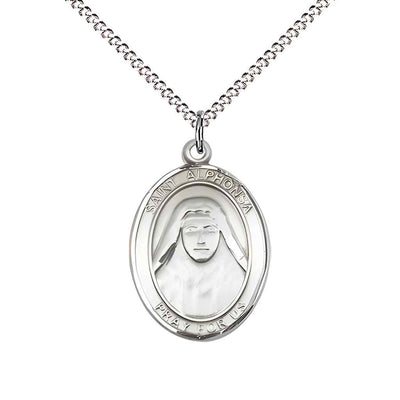Medium Saint Alphonsa of India Pewter Oval Medal Pendant with 18" Rhodium-plated Curb Chain with Deluxe Gift Box | Bliss Manufacturing