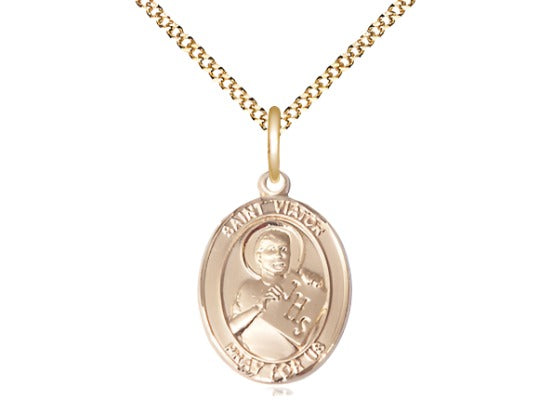 Medium Bliss 14kt Gold Filled St Viator of Bergamo Pendant on a 18 inch Gold Plate Light Curb Chain,