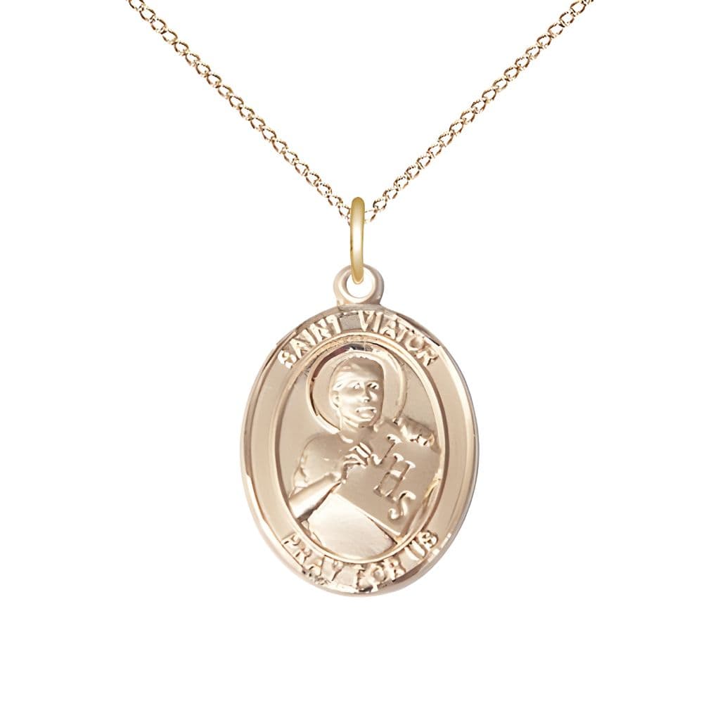 Bliss St. Viator of Bergamo 14kt Gold-filled Oval Medal Pendant with Gold-filled Chain, Measures 3/4-inch tall by 1/2-inch wide.