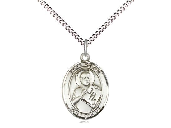 Bliss Medium Sterling Silver St Viator of Bergamo Pendant on a 18 inch Light Rhodium-plated Light Curb Chain,