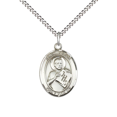 St. Viator of Bergamo Sterling Silver Oval Medal Pendant with Rhodium-plated Chain, Measures 3/4-inch tall by 1/2-inch wide, Bliss Manufacturing