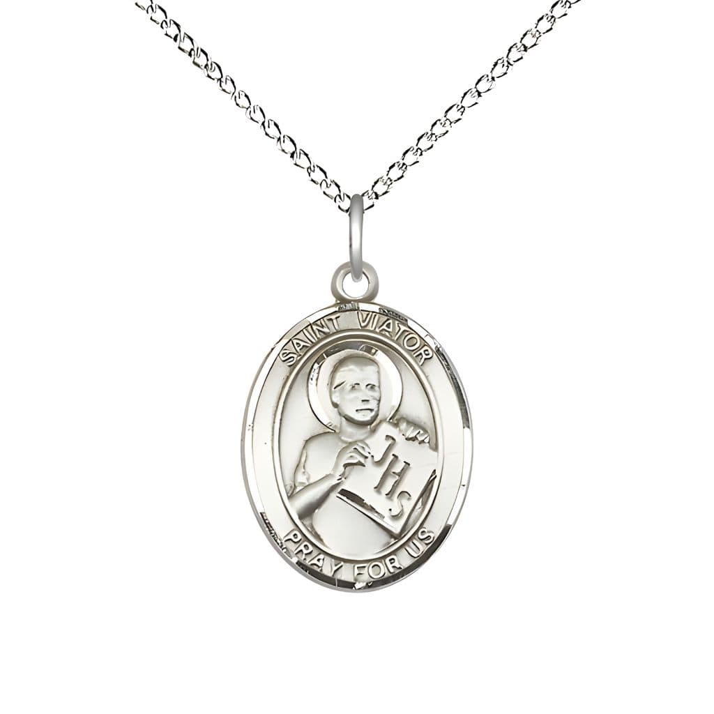 Bliss St. Viator of Bergamo Sterling Silver Oval Medal Pendant with Sterling Chain, Measures 3/4-inch tall by 1/2-inch wide.