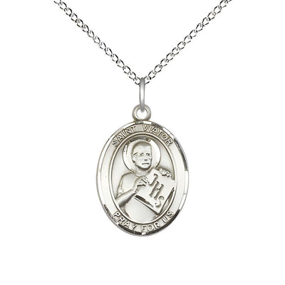 St. Viator of Bergamo Sterling Silver Oval Medal Pendant with Sterling Chain, Measures 3/4-inch tall by 1/2-inch wide, Bliss Manufacturing