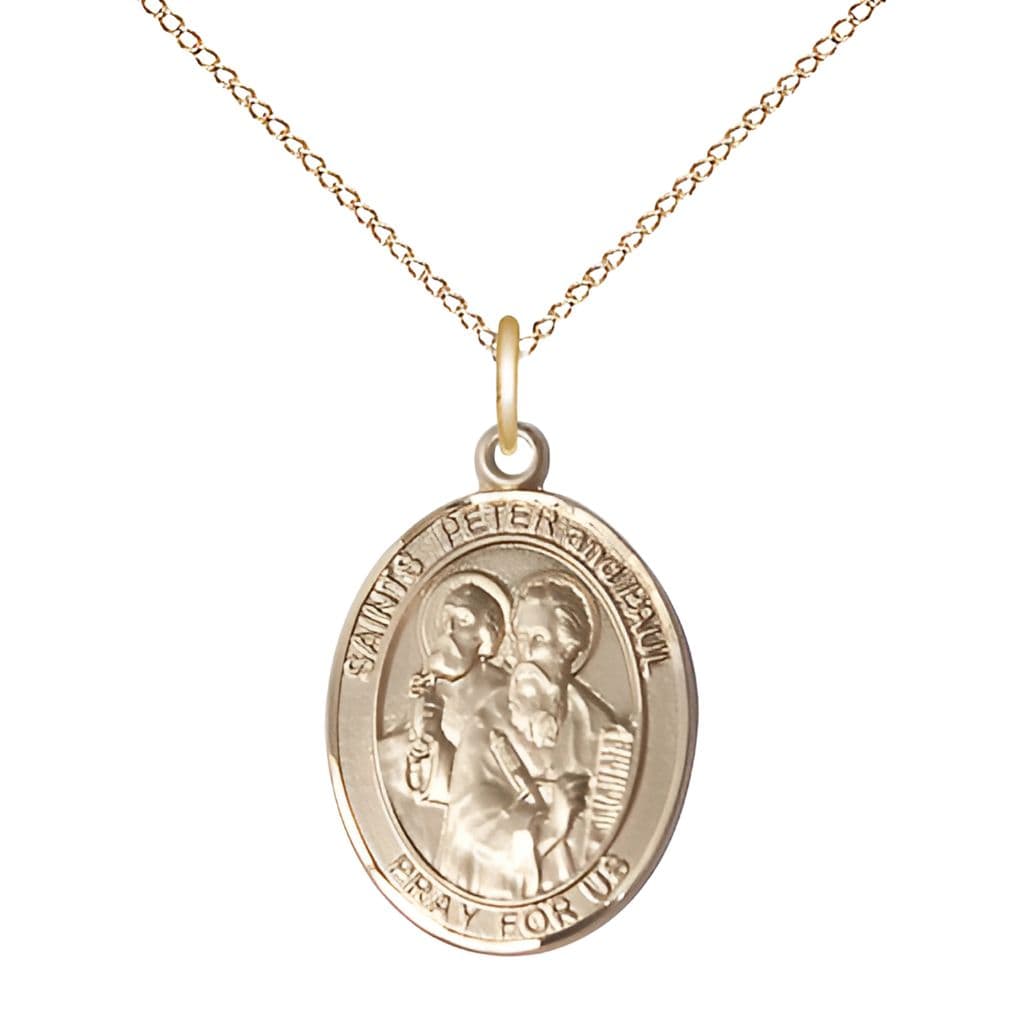 St. Peter & St. Paul Gold-filled Oval Engravable Medal Necklace, 3/4-inch with 14kt Gold-filled Chain,