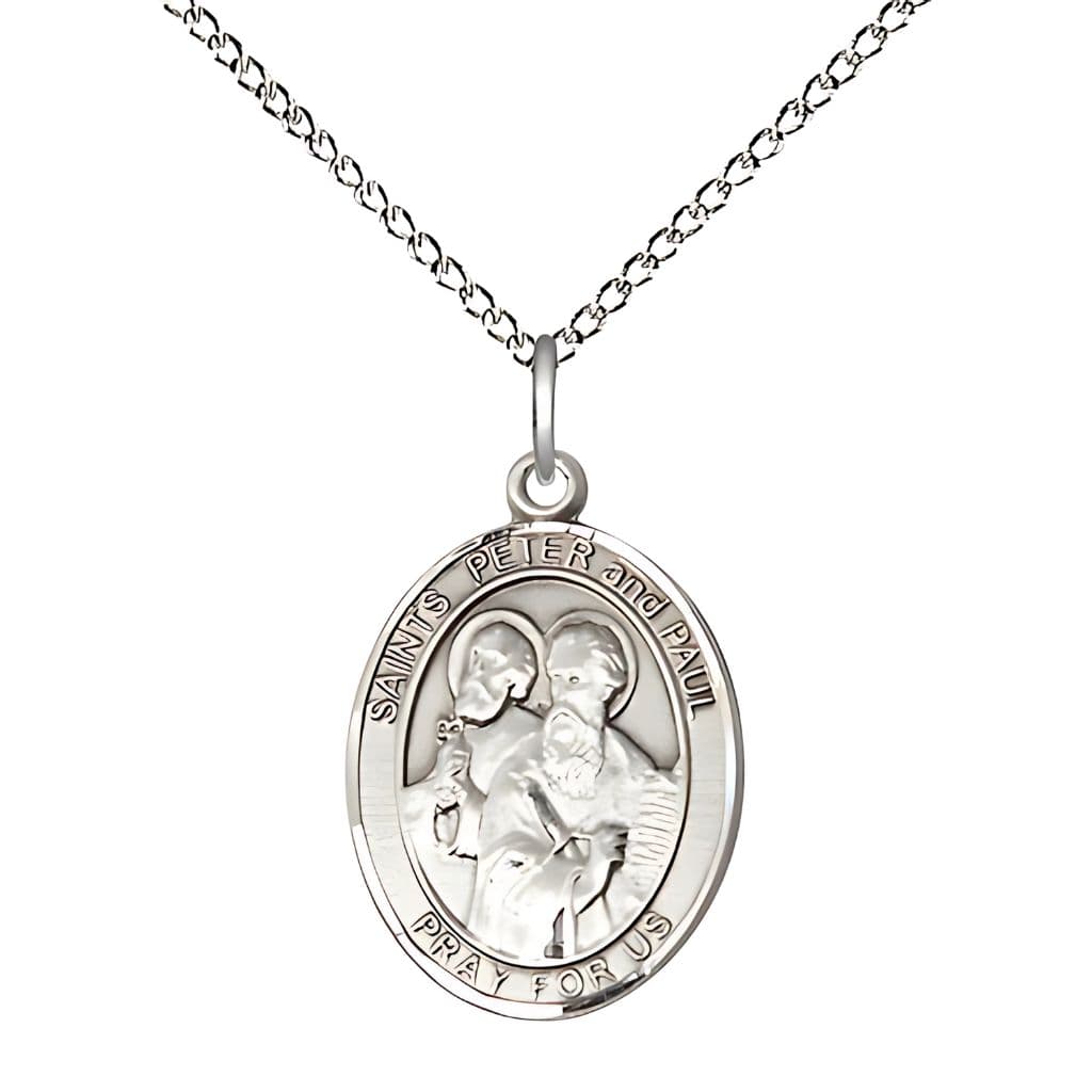 Bliss St. Peter & St. Paul Sterling Silver Oval Engravable 3/4-inch with Sterling Chain,