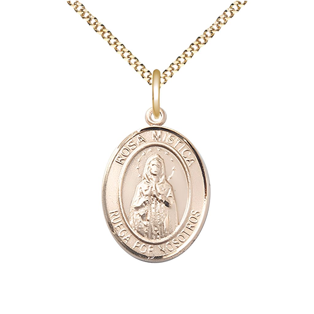 Medium Spanish Rosa Mystica 14kt Gold-filled Oval Medal Pendant with Gold-plated Chain, Deluxe Gift Box.