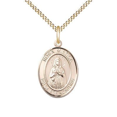 Medium Spanish Rosa Mystica 14kt Gold-filled Oval Medal Pendant with Gold-plated Chain, Deluxe Gift Box.